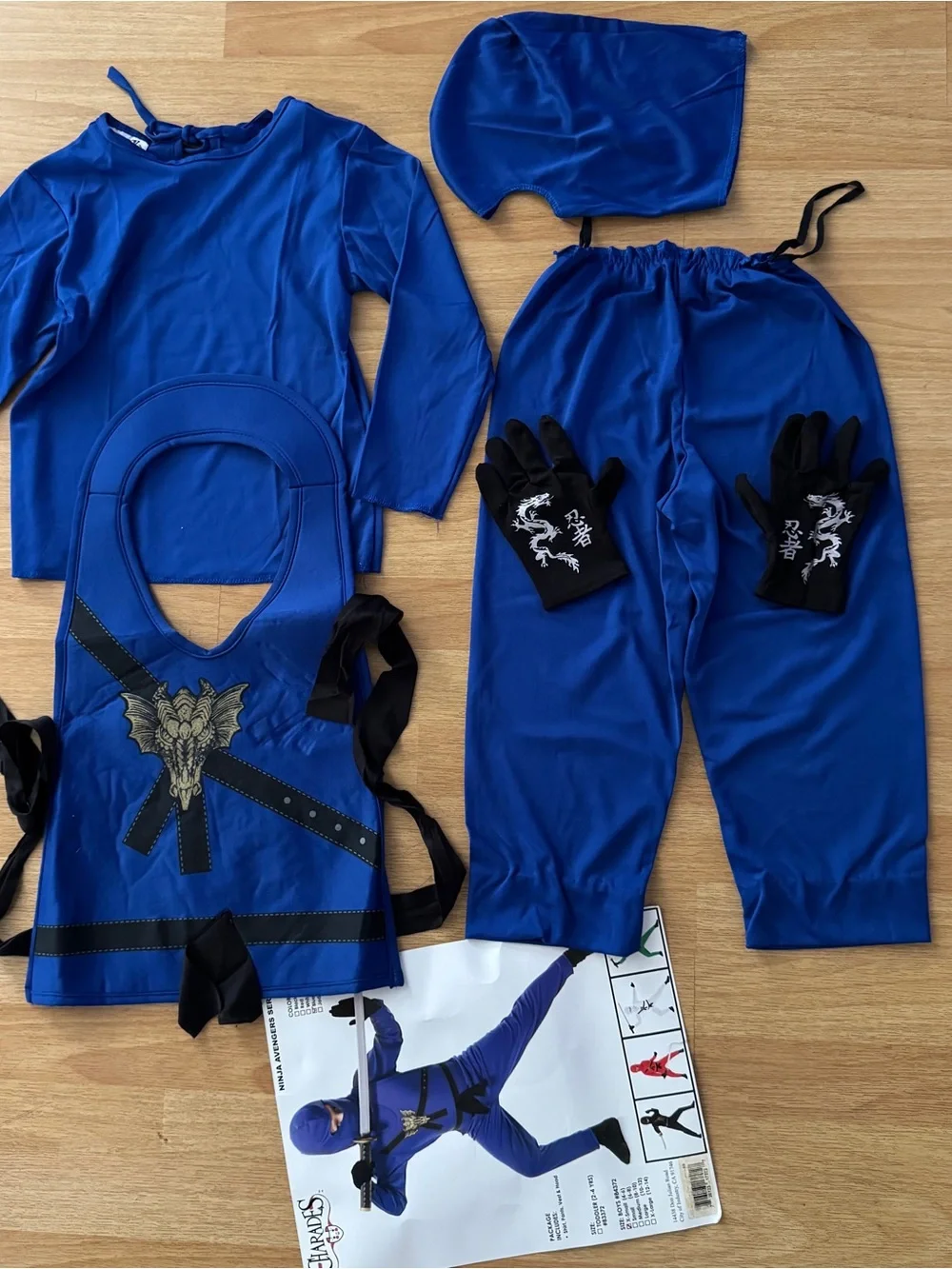 Kids Ninja Costume - Blue Hooded Shirt, Pants & Vest For Boys Size XS (4-6ys)